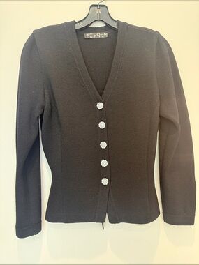 St. John Black V-Neck Sweater with Decorative Crystal Buttons